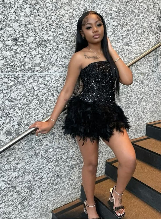 Gorgeous Black Sequined Feather Short Birthday Party Homecoming Dress cc4097