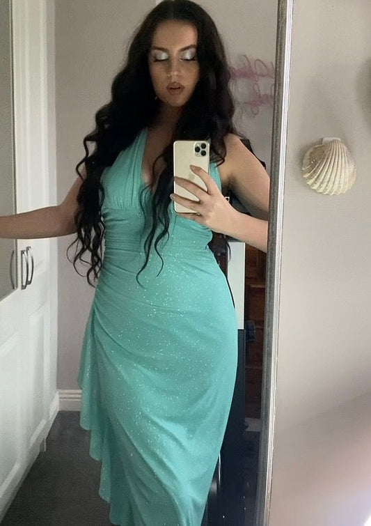 Sexy Mint Green Mermaid Halter Neck Deep V Neck Shimmering Chiffon Long Prom Dress Evening Dress cc4799