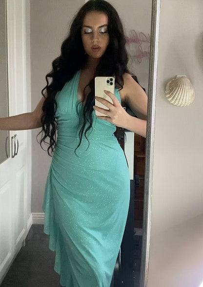 Sexy Mint Green Mermaid Halter Neck Deep V Neck Shimmering Chiffon Long Prom Dress Evening Dress cc4799