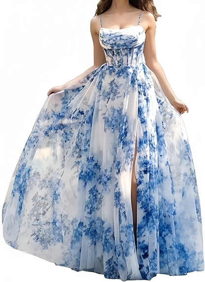Elegant Spaghetti Strap Blue Chiffon Print Floral Prom Dress ,Formal Slit A Line Evening Dress cc2731