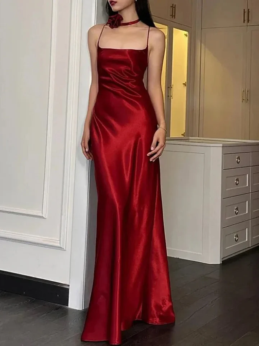 Beautiful Burgundy Straps A Line Satin Evening Dress Backless Party Prom Dress  cc2065