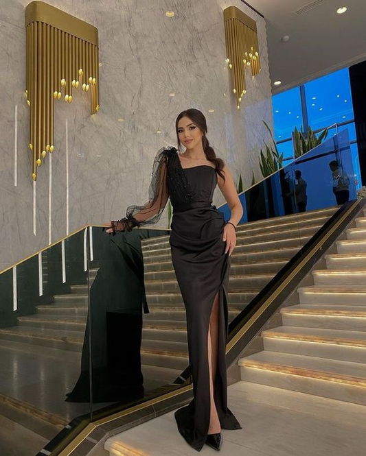 Charming Black Sheath One Sleeve Evening Dress With Split  cc1317