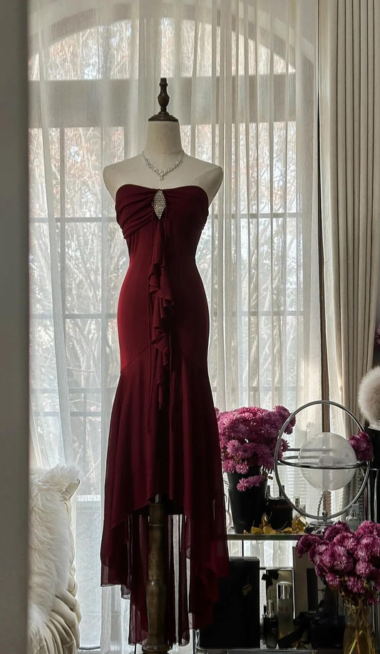 Burgundy Mermaid Chiffon Strapless Prom Dress Graduation Party Dress cc3021