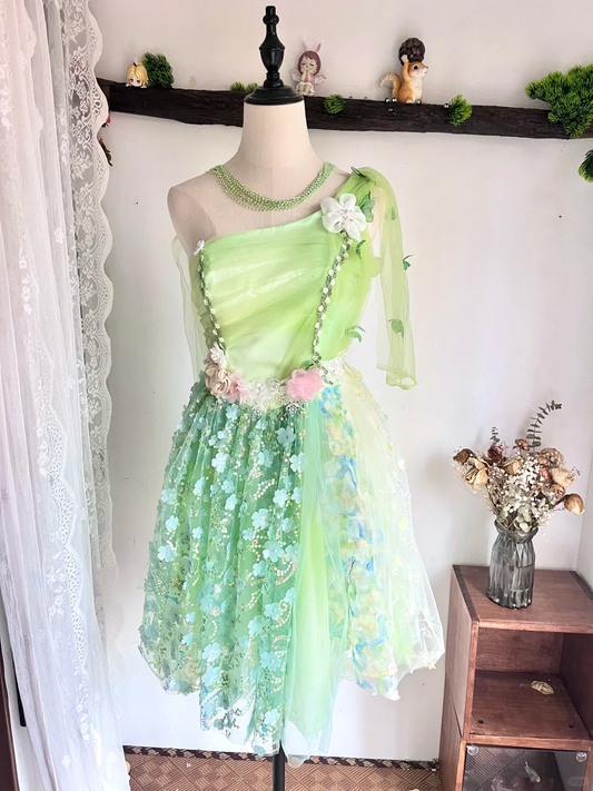 Elegant One Shoulder Green Tulle Lace Appliques Short Party Dress 6th Grade Homecoming Dress cc3313