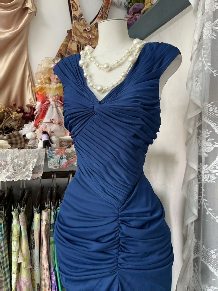 Vintage Mermaid Navy Blue Pleated Floor Length Party Dress Prom Dress cc3004