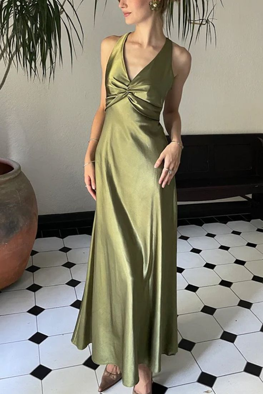 Vintage Olive Green V Neck Satin Long Prom Dress Evening Dress cc2718