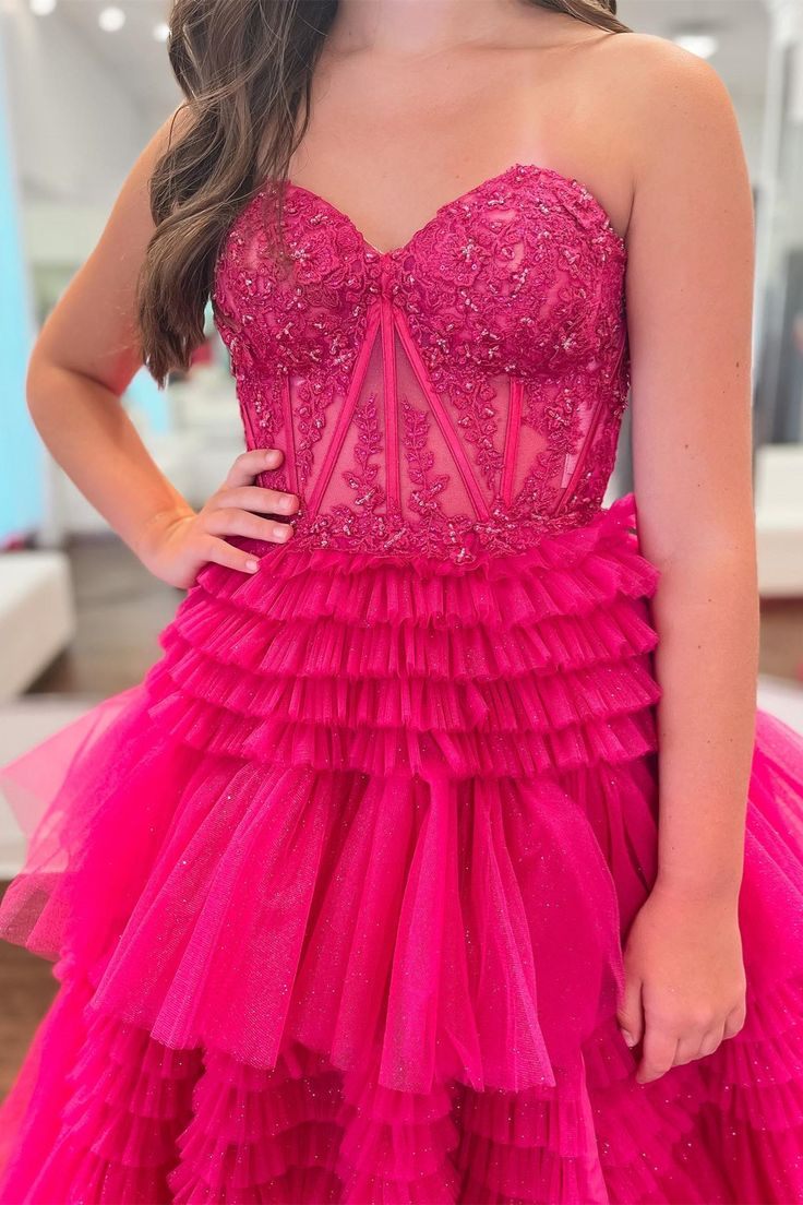 Fuchsia Multi-Layers Strapless Appliques A-line Tulle Long Prom Dress cc1021