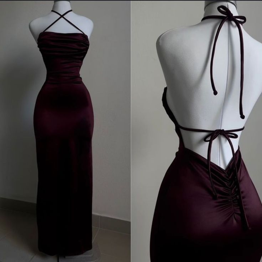 Sexy Burgundy Halter Backless Prom Dress Sheath Party Evening Dress cc2021