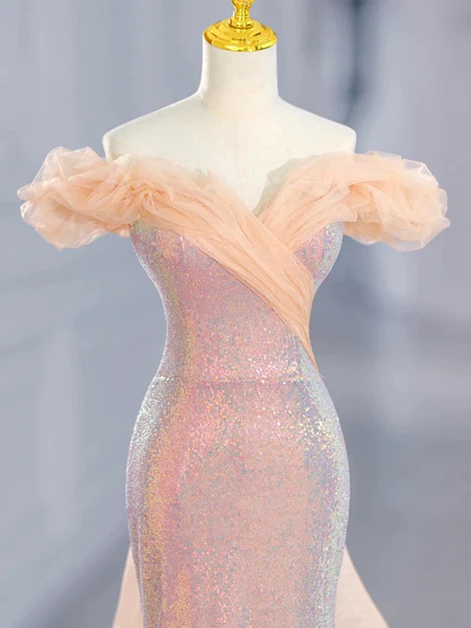 Classy Pink Sequins Off Shoulder Mermaid Party Dress Long Prom Evening Gown cc2190