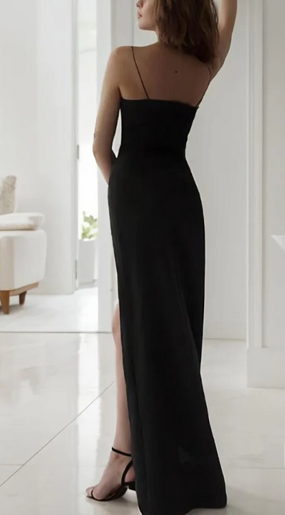 Black Spaghetti Straps Sheath Slit Long Prom Dress Sexy Evening Dress cc1860
