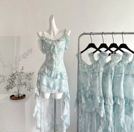 Simple Chiffon Blue Ruffle Party Dress Prom Gown cc3006