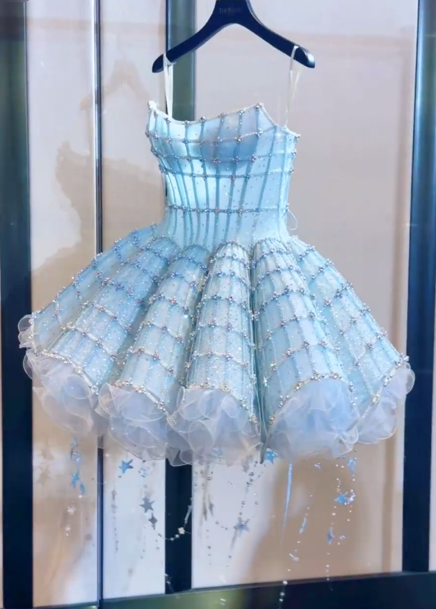 Gorgeous Tulle Beaded A Line Homecoming Dress Blue Strapless Short Birthday Dress cc3165