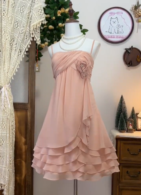 Pretty Rose Pink Spaghetti Straps Layered Chiffon Homecoming Dress Cocktail Dress cc3257