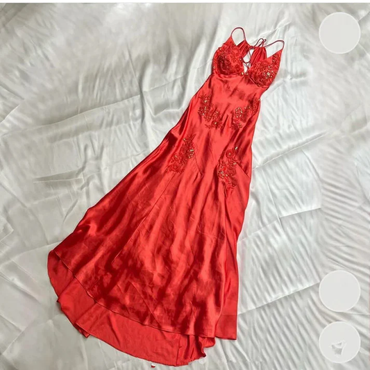 Red Spaghetti Straps Satin Appliques Evening Gown Chic Prom Dress cc2294