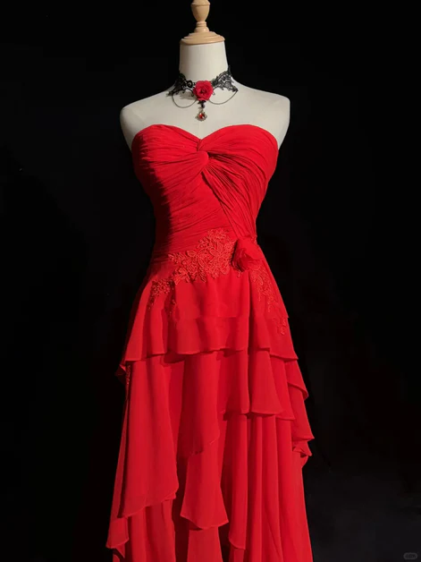 Chic Red Chiffon Appliques Layered Party Dress Elegant Prom Evening Gown cc2193