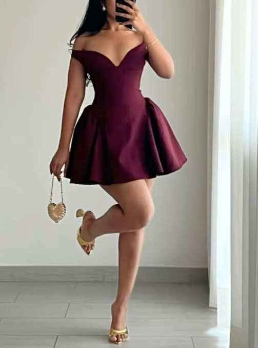 Vintage Burgundy Off The Shoulder V Neck A Line Short Homecoming Dress 18th Birthday Outfits cc3415