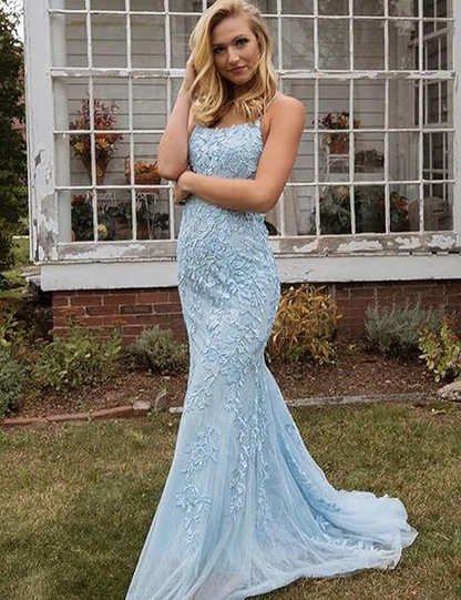 Pink Mermaid Lace Tulle Prom Dress Lace-up Back Evening Dress cc503