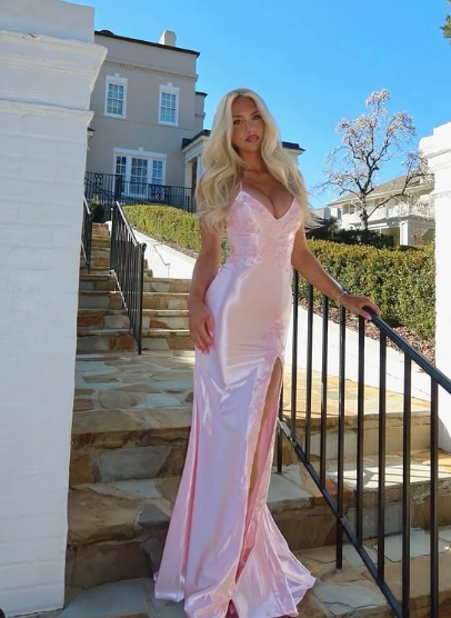 Pretty Pink Satin Appliques Mermaid Evening Dress,Spaghetti Straps Slit Prom Dress cc2716