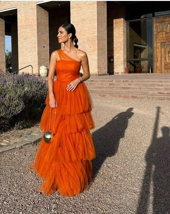 Orange Long Prom Dress,Tiered Tulle Formal Evening Dresses cc787