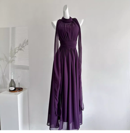 Retro Purple Halter Chiffon Long Vacation Dress Birthday Dress cc3054