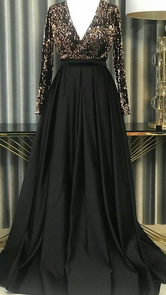 Chic Black A-line Long Sleeves Prom Dress,Black Formal Dress cc903