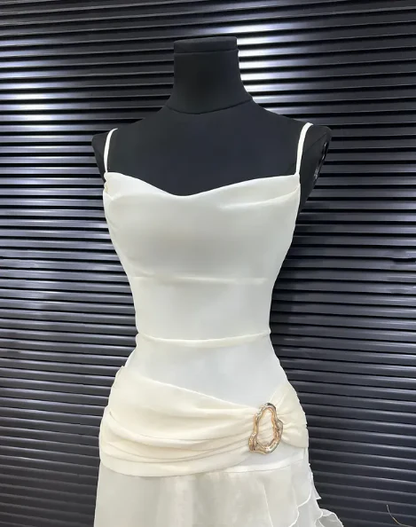 Elegant White Chiffon Spaghetti Straps Ruffles Evening Dress Long Party Prom Dress  cc1863