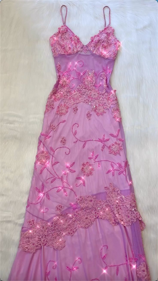 Sparkly Tulle Lace Beaded Prom Dress Pink Party Evening Gown cc2043
