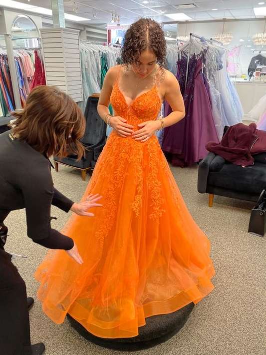 Orange V Neck Tulle Lace Appliques Long Prom Dress cc923