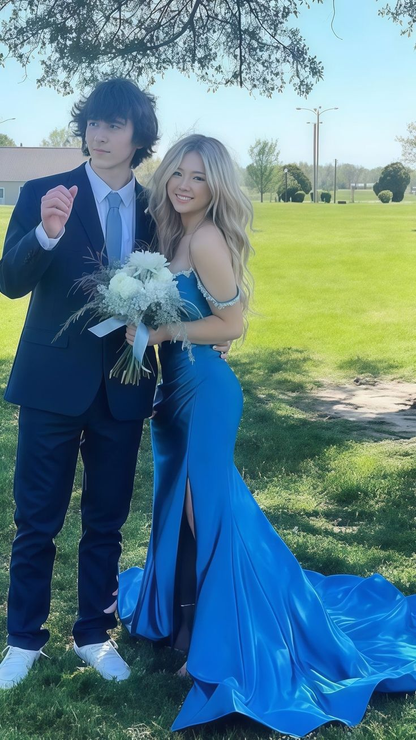 Gorgeous Blue Satin Beaded Evening Dress Mermaid Party Prom Dress cc2264