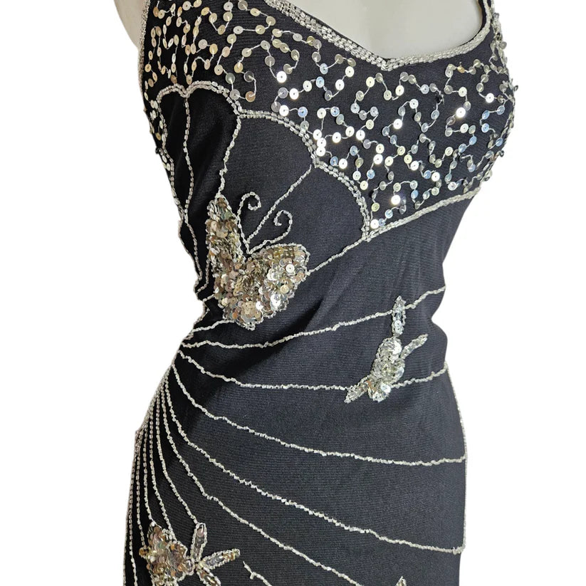 Vintage Black Strapless Butterfly Sequin Birthday Short Skirt Homecoming Dress cc3665