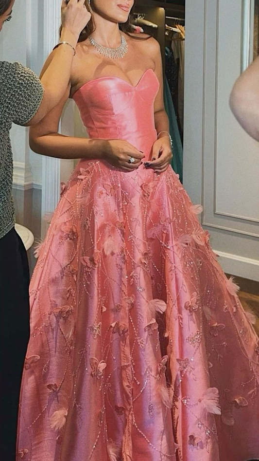 Luxurious Sweetheart Pink Satin Long Prom Dress A Line Evening Gown cc2119