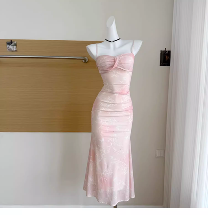 Pink Floral Suspender Dress Sexy Waist Beautiful Long Vacation Dress cc3064