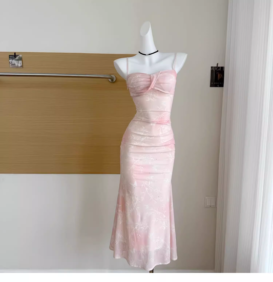Pink Floral Suspender Dress Sexy Waist Beautiful Long Vacation Dress cc3064