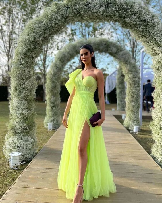 Charming A Line One Shoulder Fluorescent Green Tulle Long Prom Dresses with Slit cc793