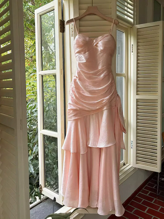 Elegant Pink Mermaid Evening Dress,Spaghetti Straps Satin Tiered Prom Dress cc2559