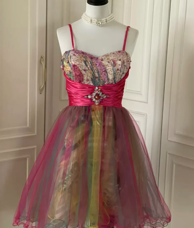 Unique Spaghetti Straps Tulle Sequin A Line Homecoming Dress Mini Party Dress cc3177