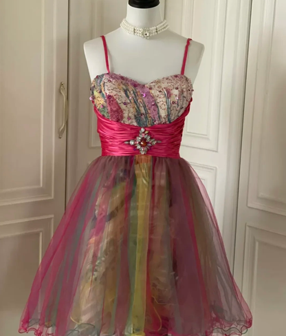 Unique Spaghetti Straps Tulle Sequin A Line Homecoming Dress Mini Party Dress cc3177