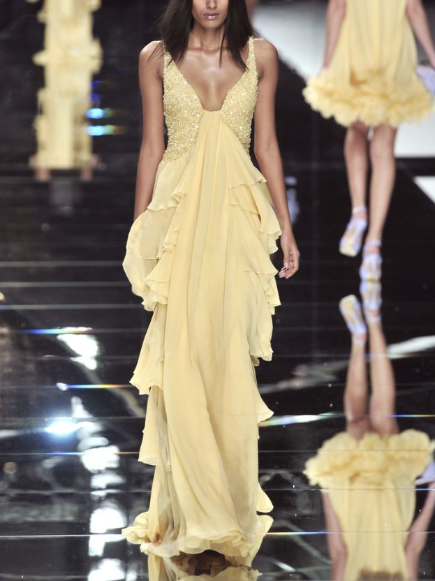 Classy Yellow V Neck Chiffon Prom Dress,Tiered Ruffles Party Evening Dress cc2578