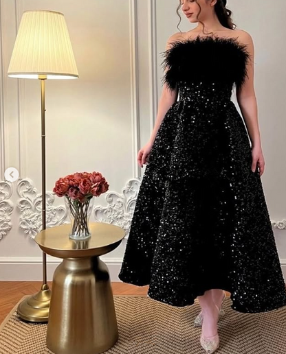 Shiny Black Sequins A-line Party Dress,Black Cocktail Dress cc1271