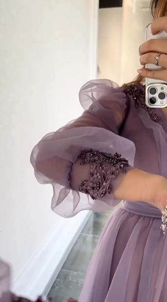 Purple A-line Tulle Beaded Evening Dress With Puff Sleeves cc692