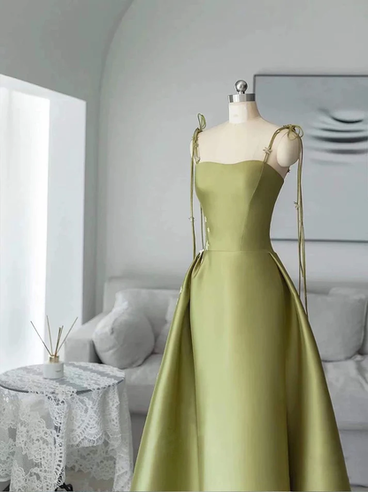 Simple A Line Green Satin Prom Dress Spaghetti Straps Long Party Evening Dress  cc1522