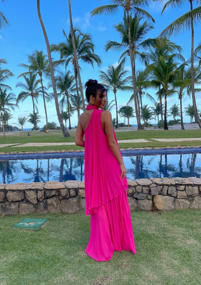 Elegant Long Pleated High Neck Evening Dresses A-Line Chiffon Formal Dress for Women cc543