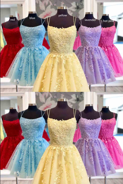 Pretty short A-line yellow homecoming dress with spaghetti straps c2658