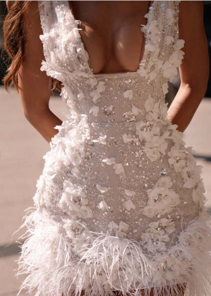 Elegant White Deep V Neck Sequined Floral Feather Fitted Birthday Dress Homecoming Dress cc4069