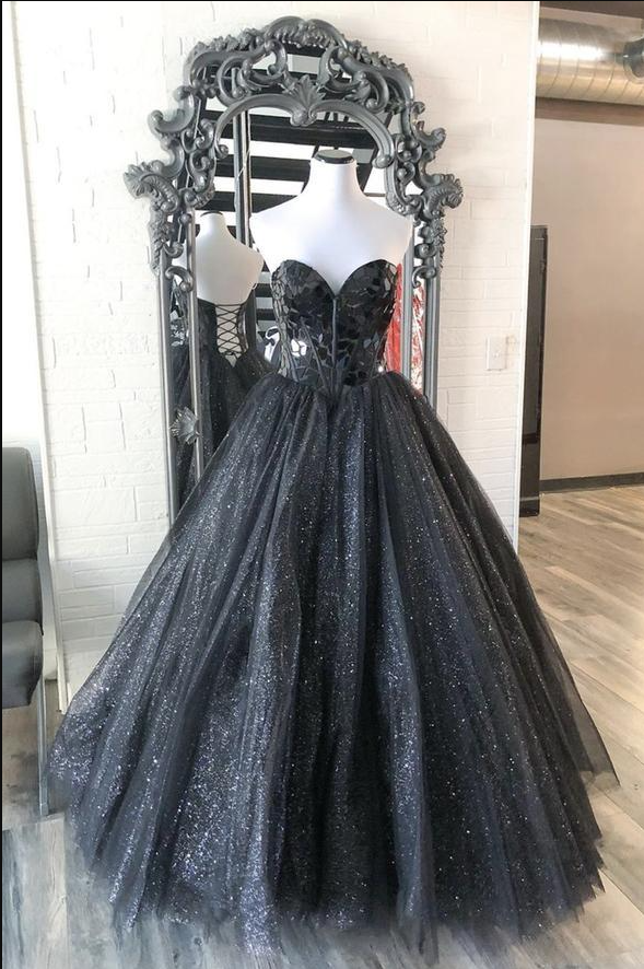 Black sweetheart tulle long prom dress black tulle formal dress C221