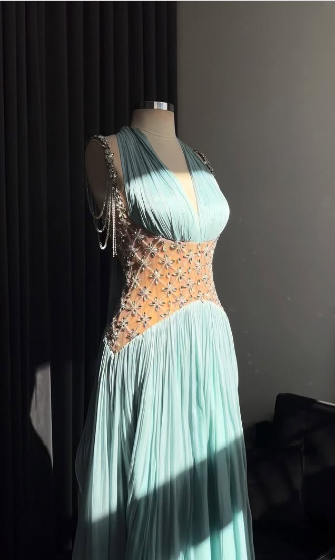 Elegant Light Blue A-line Rhinestone Deep V Halter Neck Chiffon Long Prom Dress Evening Dress cc4948