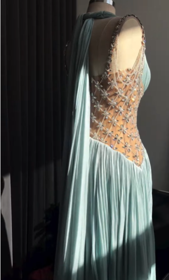 Elegant Light Blue A-line Rhinestone Deep V Halter Neck Chiffon Long Prom Dress Evening Dress cc4948