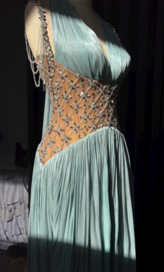 Elegant Light Blue A-line Rhinestone Deep V Halter Neck Chiffon Long Prom Dress Evening Dress cc4948
