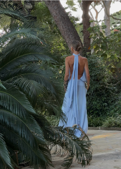 Elegant Blue Loose Halter Neck Tie Backless Chiffon Long Prom Dress Evening Dress cc4844