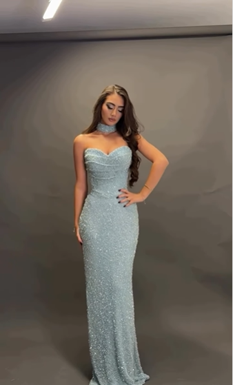 Shimmering Light Blue Mermaid Strapless Sequined Long Prom Dress Evening Dress cc4877